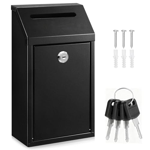 Cash Money Box with Slot – 10.2In Metal Donation Box with Lock for Cash Deposit,Wall Mounted Money Drop with Lock and Slot for Home/Farm/Office/Outdoors (Black-Without Words) - color: Black-Without Words