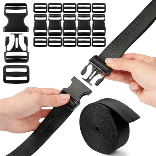 Buckle Straps Set 1-1/4'' - 6 Yards Nylon Webbing 1.25 inch, 6 PCS Dual Side Release Buckles, 12 PCS Tri-Glide Sliders, Heavy Duty Dual Adjustable No Sewing Kit - size: 1-1/4 inch