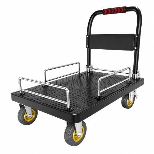 Platform Flatbed Cart Heavy Duty with Brake Wheels & Foldable Fence