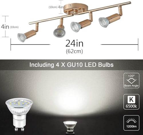 Qcyuui Modern 4-Light Track Lighting Kit, Flush Mount Gold Finish Ceiling Spot Lights Fixture, LED Track Light with Gold Flexibly Rotatable Light Head for Kitchen, Living Room, 4GU10 Bulb (Included) - color: Gold