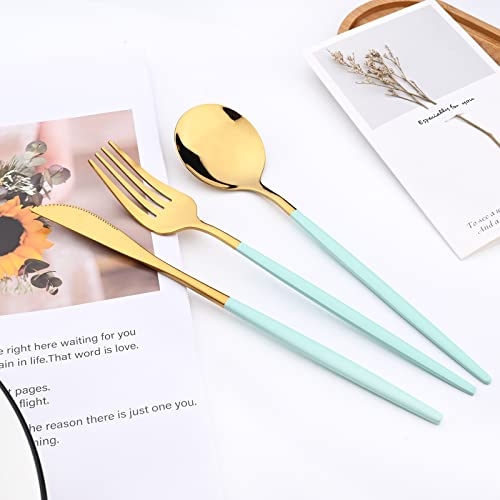 Mirror Cutlery Serving Set, 24-piece 18/0 Stainless Steel Silverware With Mint Green Handle Simple & Modern Tableware For Home Party Dinner, Service For 6 (Mint Green Gold) - color: Mint green gold