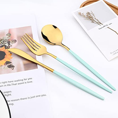 Mirror Cutlery Serving Set, 24-piece 18/0 Stainless Steel Silverware With Mint Green Handle Simple & Modern Tableware For Home Party Dinner, Service For 6 (Mint Green Gold) - color: Mint green gold