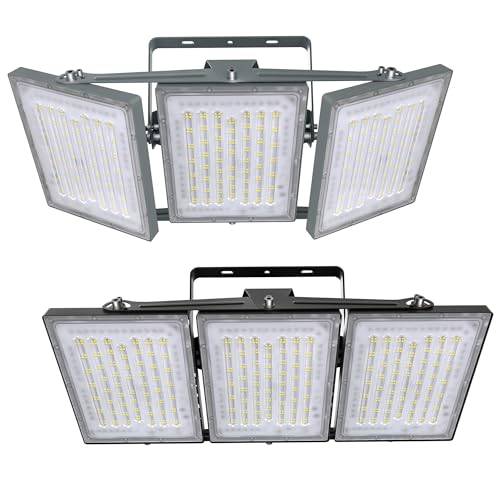 STASUN 2 Pack LED Flood Lights Outdoor(Black+Gray), 600W 60000lm 6000K Daylight White IP66 Waterproof, Commercial Parking Lot Lights, 3 Heads for Yard Street Stadium Outdoor Area Floodlight