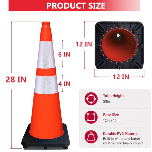 28 Inch Orange Traffic Cones, 4 Pack Heavy Duty PVC Safety Cones - color: Orange