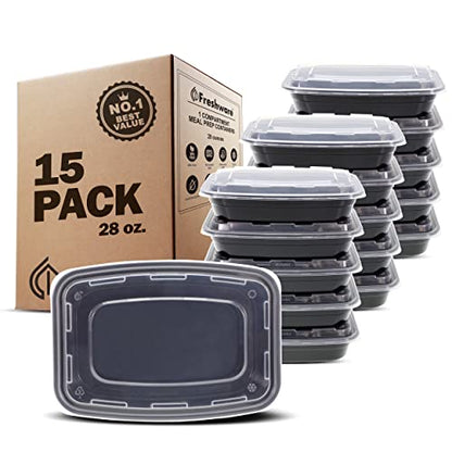 Freshware Meal Prep Containers [15 Pack] 1 Compartment Food Storage Containers with Lids, Bento Box, BPA Free, Stackable, Microwave/Dishwasher/Freezer Safe (28 oz) Black - size: 1-COMP-28OZ-15PK