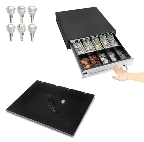 HK SYSTEMS 16" Heavy Duty Black Manual Push Open Cash Drawer with 5Bill/5Coin Stainless Steel with Till Cover - size: 02.16" PUSH+Till Cover