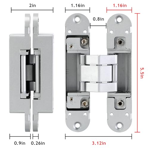 5.5" Hidden Door Hinges, 2 Pack 3-Way Adjustable 180°, Concealed Hinge - color: Silver, size: 5.5 Inch