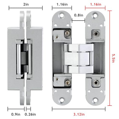 5.5" Hidden Door Hinges, 2 Pack 3-Way Adjustable 180°, Concealed Hinge - color: Silver, size: 5.5 Inch