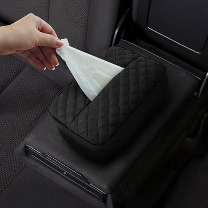 Large Car Tissue Holder for 120 Standard Tissue, Leather Tissue Box for Backseat, Car Napkin Cover, Auto Napkin Holder Organizer, Universal Vehicle Tissue Paper Box (Plaid+Black)