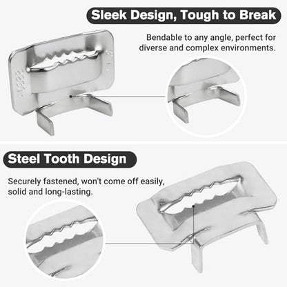 304 Stainless Steel Packaging Packing Machine Kit 3/4" x 100 ft Banding Coil, 100pcs Ear Lokt Buckles, 1pc Strapping Tensioner, 1pc Hammer, 1pc Pliers and One Pair of Gloves Included by LOCXVE