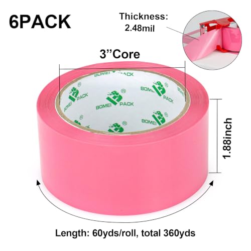 BOMEI PACK 6 Rolls of Pink Packing Tape, 1.88'' x 60yds Per Roll - color: pink