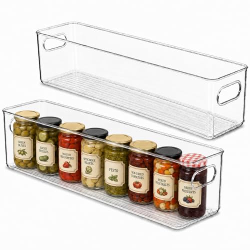 primebox Plastic Food Storage 2 Pack Clear Container Bin with Handles for Organizing Kitchen, Pantry, Refrigerator, Freezer, Pantry, Cabinet, Closet, Bathroom. 20”x4”x5” - size: 20x4x5
