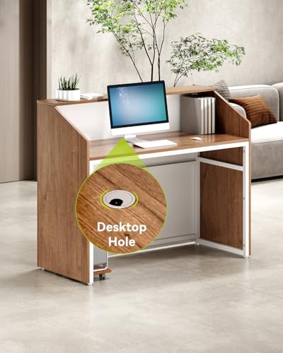 LITTLE TREE 47-Inch Reception Desk with Counter, Oak Front Desk Reception Room Table, Retail Counter for Checkout, Modern Welcome Desk for Lobby, Office, Beauty Salon - color: Brown