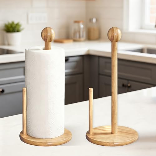 Bamboo and Wood Wooden Tissue Rack countertop, Kitchen and Dining Bathroom Vertical Round Ball Double Column Tissue Rack, Large Plate Stable Round Base, Suitable for Standard and Large tissues