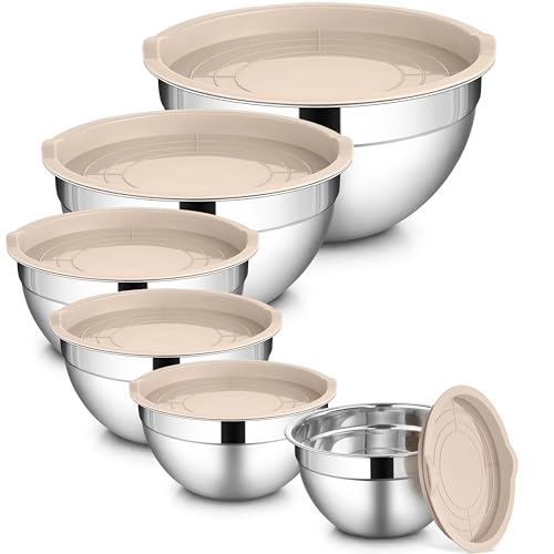 LIANYU 6 PCS Mixing Bowls with Lid Set, Size 7 & 3.5 & 2.5 & 2 & 1.5 & 1QT - color: Khaki, style: Atlas Base with Airtight Lids