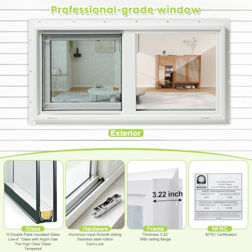 3.22" Thickness 32" x 16" Vinyl Sliding Basement Window,Low-E Glass with Argon Gas,Double-Pane Insulated Tempered Clear Glass,Half Screen Included,White - size: 32"x16"