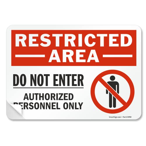 SmartSign 7 x 10 inch “Restricted Area - Do Not Enter, Authorized Personnel Only” Sticker Label with Symbol, 3 mil Laminated Adhesive Polyester, Red, White and Black, Made in USA - style: 7" x 10" - Vinyl