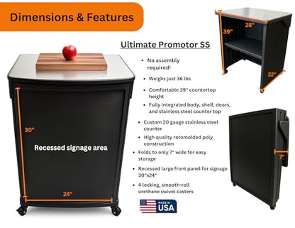 – Demo Display Cart – Portable Folding Demo Table with Recessed Signage Area – Stainless Steel Top & Locking Wheels – for Retail & Event Use