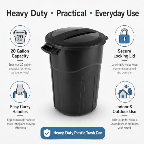 20 Gallon Heavy Duty Trash Can with Click-Lock Lid, Black Plastic Bin