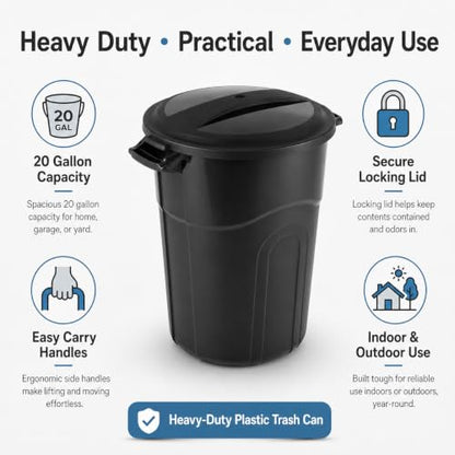 20 Gallon Heavy Duty Trash Can with Click-Lock Lid, Black Plastic Bin