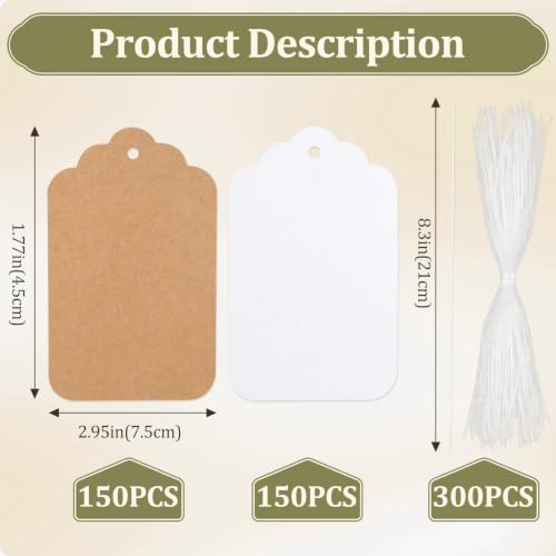 300PCS Gift Tags with String, 1.7 x2.9 inch Blank Price Tags, Writable Kraft Paper Hang Tag for Clothing, Weddings, Parties, Gifts, DIY Crafts (Brown and White)