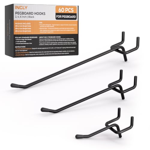 INCLY 60 Pack Pegboard Hooks, 2/4/6 Inch Peg Board Organizer Accessories - color: Black, size: 2/4/6 Inch