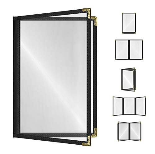 Goodsmart Restaurant Menu Covers – 25 Pack Black 4-View, Side-Loading Menu Holders, Vinyl & Plastic Café Menu Covers, Clear Menu Sleeves, Fits 5.5" x 8.5", Leather-Style Design, Gold Corners - color: Black, size: 2 Pages / 4 Views - 5.5" x 8.5"