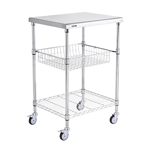 VEVOR Kitchen Utility Cart, 36.6"x20"x24" 3 Tiers Wire Rolling Cart, 470LBS Capacity Steel Service Cart with Brake Wheels, Storage Trolley with 76mm Basket PP Liner 6 Hooks, for Indoor & Outdoor Use - size: 24"D x 20"W x 36.6"H, style: Drawer Cart