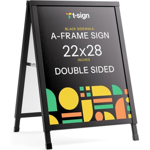 T-SIGN Outdoor A-Frame Sidewalk Sign 22x28 Inch Sandwich Board, Black Coated Steel Metal Double-Sided, Heavy Duty Slide-in Folding Frame Sign Holder, 2 Corrugated Plastic Poster Boards, Display Stand - color: Black - Coated Steel