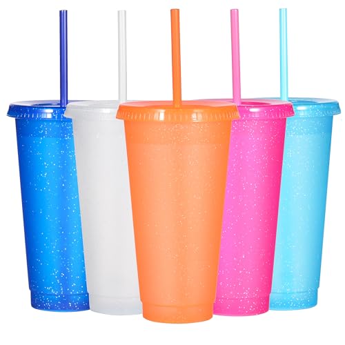 Suertestarry Tumbler with Straw and Lid,Water Bottle Iced Coffee Travel Mug Cup,Reusable Plastic Cups,Perfect for Parties,Birthdays,24oz-5 Pack (Bright Glitter, 5pack) - color: Bright Glitter, size: 5pack