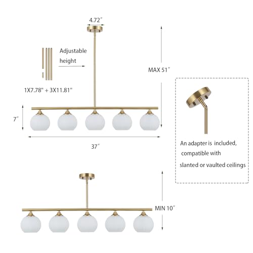BYOLIIMA Modern Brushed Brass Linear Chandelier Over Table Frosted Striped Glass Shade Gold Mid Century Sputnik Globe Pendant Light Farmhouse Ceiling Hanging Light Fixture Dining Room Kitchen Island - color: Gold/Frosted White