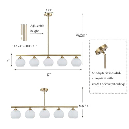 BYOLIIMA Modern Brushed Brass Linear Chandelier Over Table Frosted Striped Glass Shade Gold Mid Century Sputnik Globe Pendant Light Farmhouse Ceiling Hanging Light Fixture Dining Room Kitchen Island - color: Gold/Frosted White