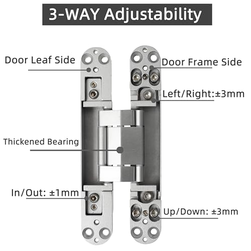 4-Pack 7 inch Silver Hidden Door Hinges,Heavy Duty Zinc Alloy Concealed Hinges, 180 Degree Invisible Hinge, 3 Way Adjustable Butt Hinge - color: Silver, size: 7 Inch