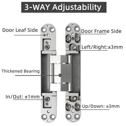 4-Pack 7 inch Silver Hidden Door Hinges,Heavy Duty Zinc Alloy Concealed Hinges, 180 Degree Invisible Hinge, 3 Way Adjustable Butt Hinge - color: Silver, size: 7 Inch