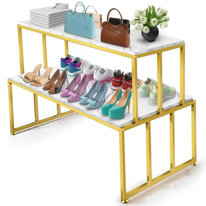2 Tier Retail Display Table for Shoes & Handbags, Gold Metal and Wood Boutique Display Stand, Heavy Duty Display Riser Shelf for Clothing Stores, Vendor Events, Showroom & Home, 45.2"