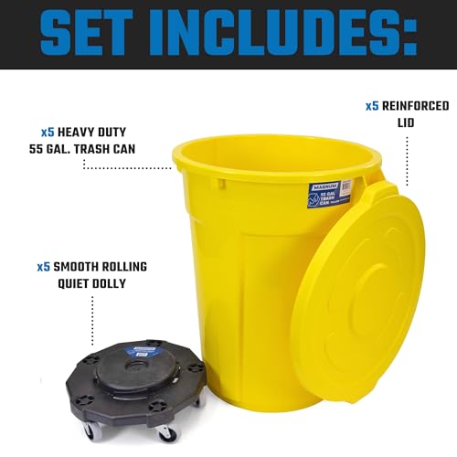 Magnum Yellow 55 Gallon Trash Can Set (Trash Can, Quiet Dolly, and Reinforced Lid), Construction Grade, Jobsite Ready, Non-Marking Wheels & Casters for Rolling Garbage CMTC-CLD0-55Y05 (5 Set) - color: Yellow, size: 55 Gallon, style: Can + Lid + Dolly