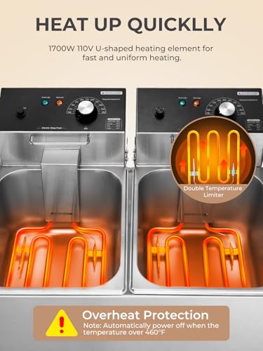 HOUSNAT Commercial Deep Fryer with Basket, 3400W 20.7QT/19.6L Electric Deep Fryer with 2 x 6.35 QT Removable Baskets, Stainless Steel Countertop Fryer for Restaurant or Home Use