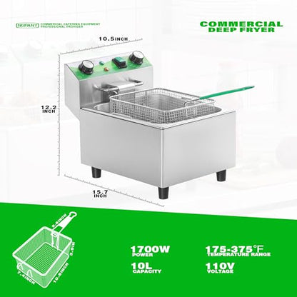 NUPANT Electric Deep Fryer with Timer 10L/10.6QT Commercial Deep Fryer with Basket and Lid, Temp Control, 1700W/110V Stainless Steel Single Oil Fryer Countertop Fryer for Home and Restaurant Use - size: 10L