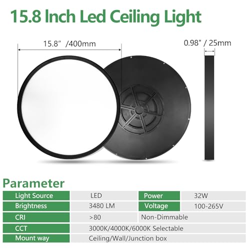 15.8Inch 2PK Black LED Flush Mount Ceiling Light,32W,3480LM,3CCT Selectable - color: Black, size: 15.8" 2PK