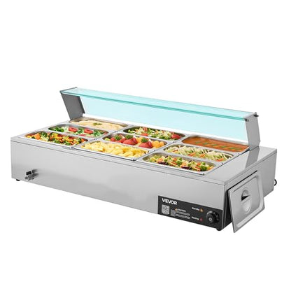 VEVOR Commercial Food Warmer, 1500W Electric Stainless Steel Steam Food Warmer with Glass Cover, 9-Pan Countertop Buffet Bain Marie with Soup & Perforated Ladles, for Catering, Restaurant & Party - size: 9x1/3Pan;72QT