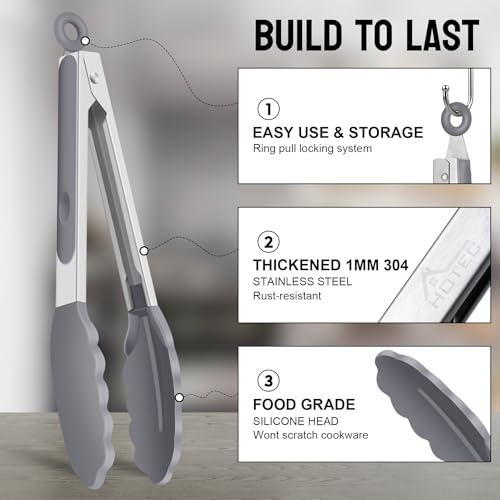 HOTEC Premium Stainless Steel Locking Kitchen Tongs with Silicon Tips, Set of 3-7", 9" and 12" (Grey) - color: Light Grey:12+9+7inch