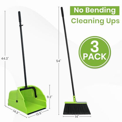 (3PK) Jumbo Commercial Broom and Dustpan Set with Large Standing Scoop Dustpan and Heavy Duty Broom, Long Handle, for Indoor/Outdoor Floor Cleaning, Janitor Supplies