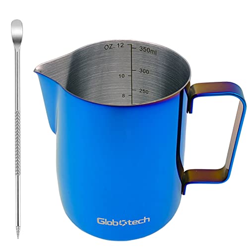 Milk Frothing Pitcher Latte Coffee, Stainless Steel Milk Frother Jug, Espresso Accessories Steaming Froth Cup Cappuccino 12 Oz, 350ml Blue