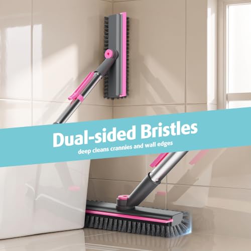 AIR U+ Floor Scrub Brush with Long Handle, 4 in 1 Floor Scrubber & Squeegee - color: Gray and Pink