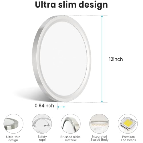 libtit 12 inch Flush Mount LED Ceiling Light Fixture, 3000K 4000K 6500K Adjustable, 28W 3200lm Brushed Nickel Satin Round Ceiling Lamp for Bathroom Hallway Kitchen Bedroom, 2 Pack - color: Brushed Nickel, size: 12in-2Pack