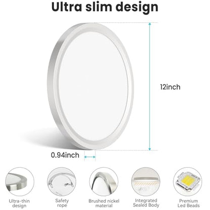 libtit 12 inch Flush Mount LED Ceiling Light Fixture, 3000K 4000K 6500K Adjustable, 28W 3200lm Brushed Nickel Satin Round Ceiling Lamp for Bathroom Hallway Kitchen Bedroom, 2 Pack - color: Brushed Nickel, size: 12in-2Pack
