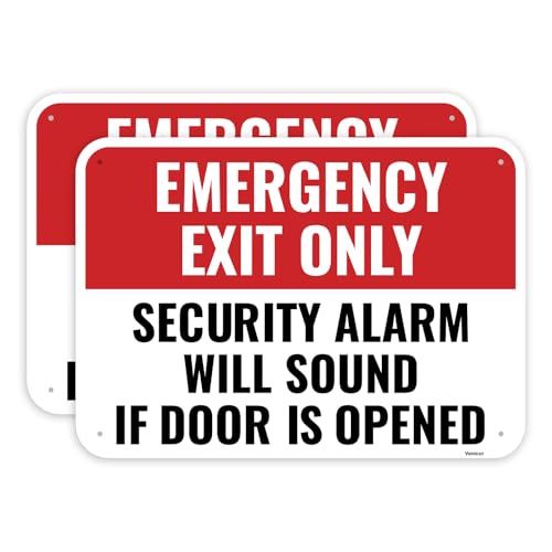 2PC Emergency Exit Only Sign, 14 x 10 Inches - Aluminum - Security Alarm Will Sound If Door Is Opened - color: 14" x 10"