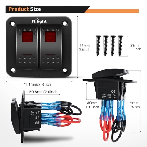 Nilight 2 Gang Rocker Switch Panel SPST On Off 12 Volt Toggle Red - color: Red, size: 2 Gang