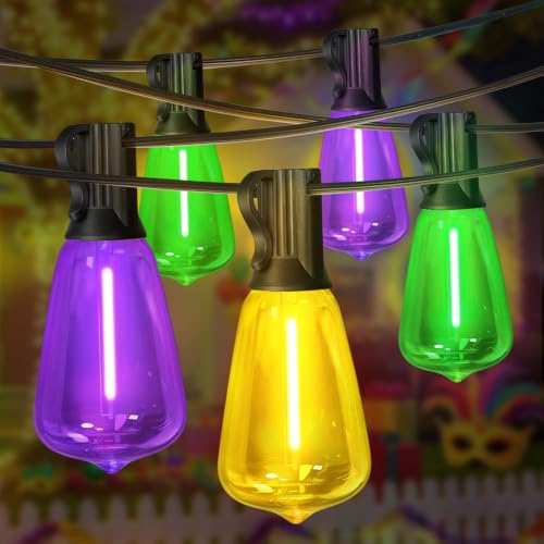 26FT Yellow Purple Green Outdoor String Lights, Mardi Gras ST38 Patio Lights 12+1 Shatterproof Edison Bulbs, Waterproof Connectable LED Outside Lights for Backyard Porch Carnival Christmas Party Decor - color: Yellow Purple Green, size: 26FT