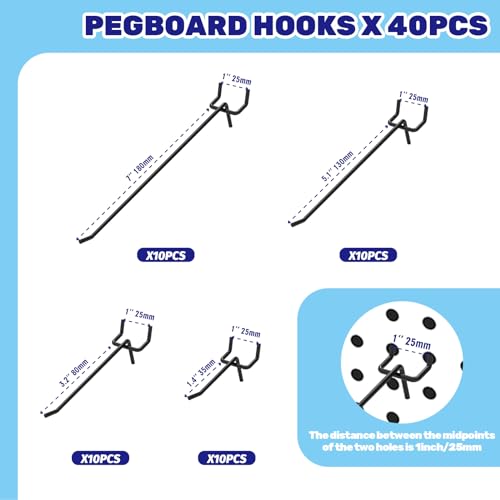40Pcs Black Stainless Steel Pegboard Display Hooks Assortment Set, 2" 4" 6" 8" Garage Organization Peg Wall Hook Metal Slatwall Panel Hook Fit 1/8 and 1/4 Inch Pegboard for Retail - color: Black, size: 2/4/6/8 inches